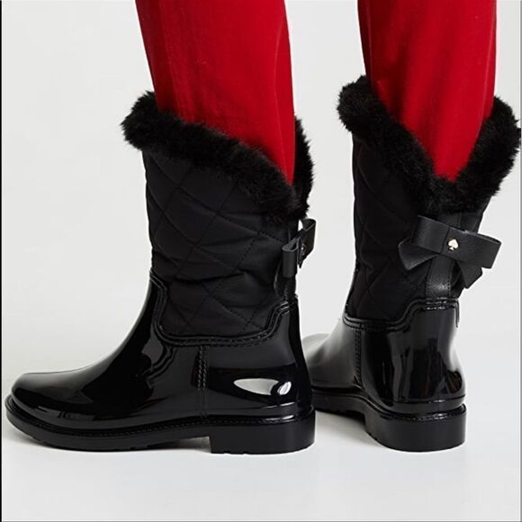 Kate Spade 9M Black Rubber Fleece Faux Fur Lined Rain Winter Pull-On Boots - Picture 1 of 15